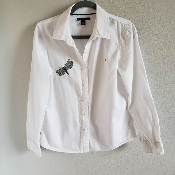 Tommy Hilfiger Woman Size L White Button Up Embroidered Dragon Fly & Logo Shirt - Picture 1 of 7